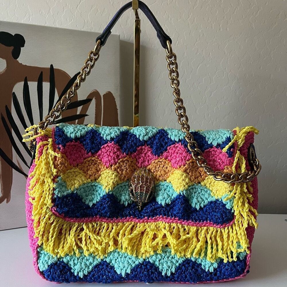 Kurt Geiger Kensington Rainbow Multicolor Crochet Knit Fringe Shoulder Bag Purse